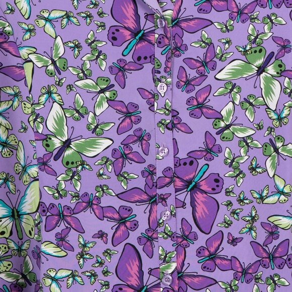 Notations Button Up Shirt XL Womens NEW Butterfly Purple Green Short Sleeve - Picture 4 of 6